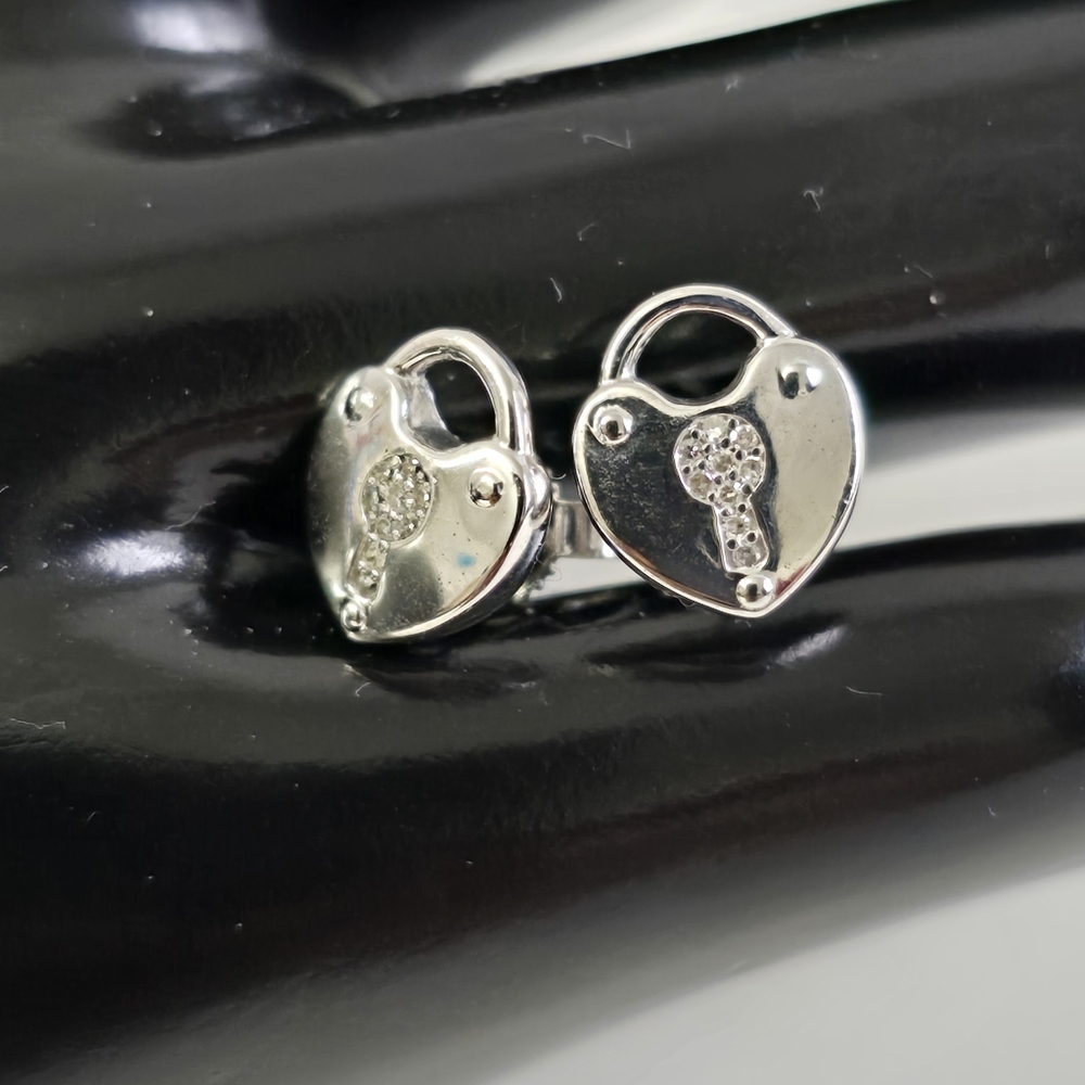 Sterling Silver 925 Diamond Lock Heart Earrings